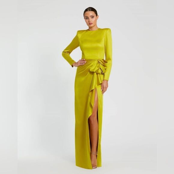 MAC DUGGAL  Chartreuse Long Sleeve Structured Bow Draped Gown 4 - Picture 2 of 13